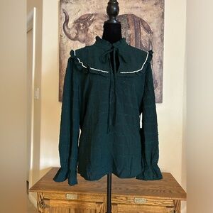 Aliceblue Women’s Long Sleeve Top 1X Keyhole Green Ruffle Faux Pearl